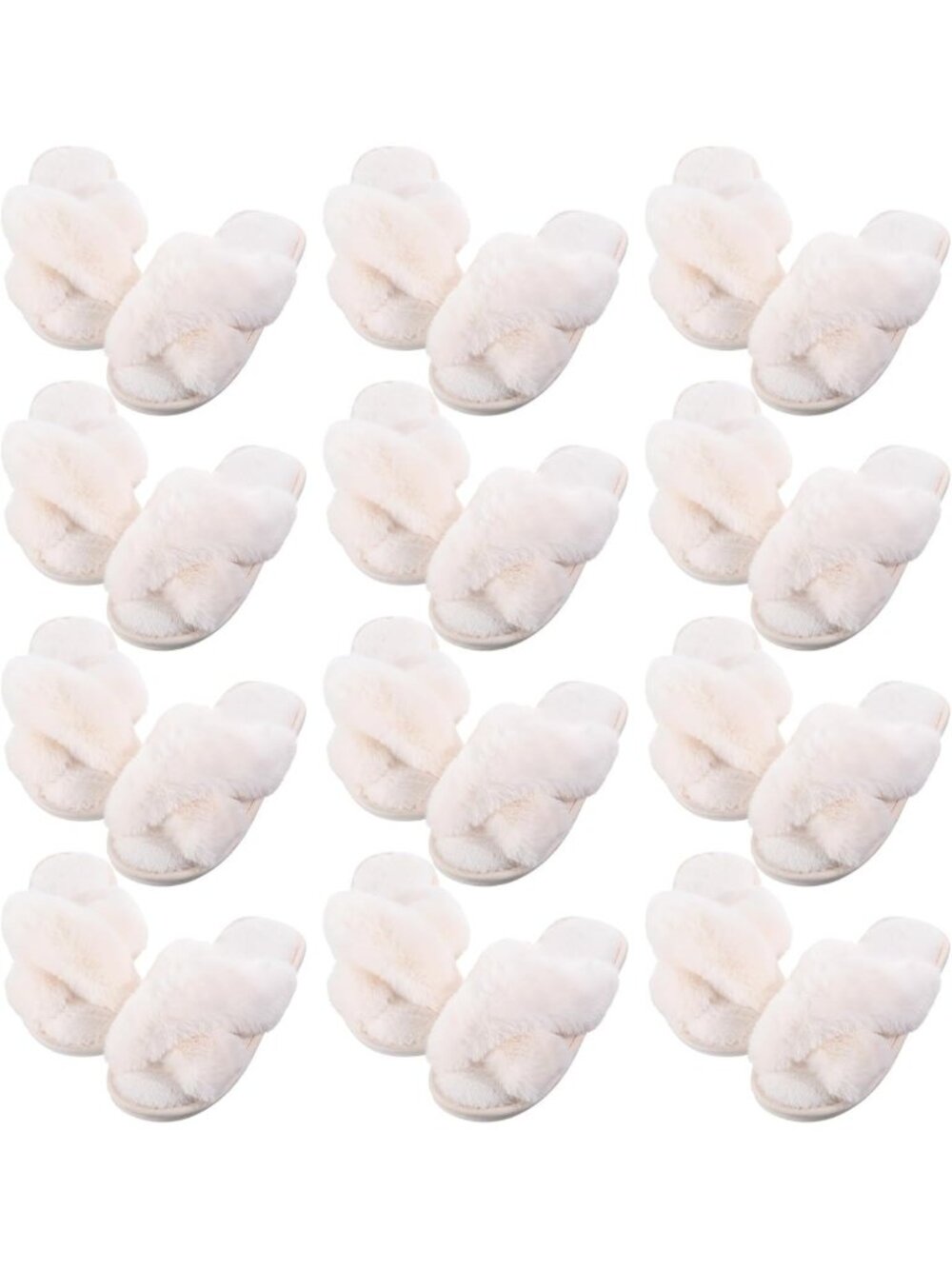 12 Pairs Fuzzy Cross Band Open Toe Slippers - Fluffy Comfy Indoor/Outdoor
